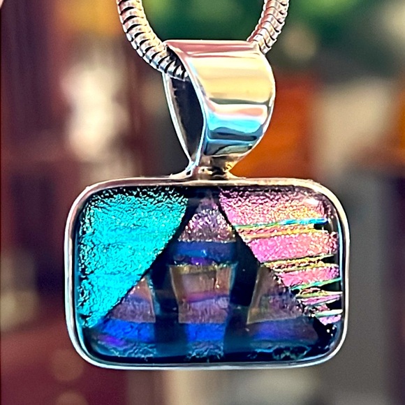 VTG Mexico 925 sterling silver dichroic art glass pendant snake chain necklace - Picture 1 of 8